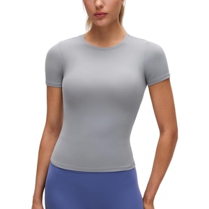 CRZ YOGA Softembrace High Neck Tops for Women – Soft Workout Casual Going Out Shirts Crewneck Tight Short Sleeve T-Shirt(Rhino Grey)