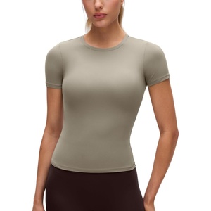 CRZ YOGA Softembrace High Neck Tops for Women – Soft Workout Casual Going Out Shirts Crewneck Tight Short Sleeve T-Shirt(Warm Ash Grey)