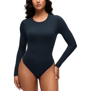 CRZ YOGA Softembrace Long Sleeve Bodysuits for Women – Crewneck Basic Casual Travel Thong Body Suits Fitted Tops(True Navy)