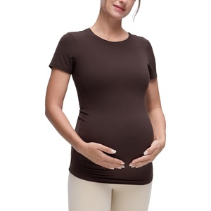 CRZ YOGA Softembrace Maternity Crewneck Short Sleeve Shirts – Soft Casual Pregnancy Tops Going Out Basic T-Shirts for Women(Hot Fudge Brown)