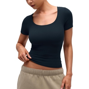 CRZ YOGA Softembrace Scoop Neck Tops for Women – Casual Soft Going Out Short Sleeve Shirts Sexy U Neck Tight Fitted Tees(True Navy)