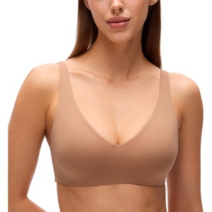 CRZ YOGA Softhold Double Lined Deep V Bralette – Womens Adjustable Straps Wireless Plunge T-Shirt Everyday Bra Comfy Smooth(Gravel Beige)
