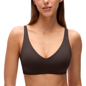 CRZ YOGA Softhold Double Lined Deep V Bralette – Womens Adjustable Straps Wireless Plunge T-Shirt Everyday Bra Comfy Smooth(Hot Fudge Brown)