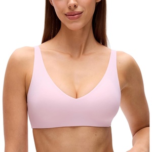 CRZ YOGA Softhold Double Lined Deep V Bralette – Womens Adjustable Straps Wireless Plunge T-Shirt Everyday Bra Comfy Smooth(Strawberry Pink)