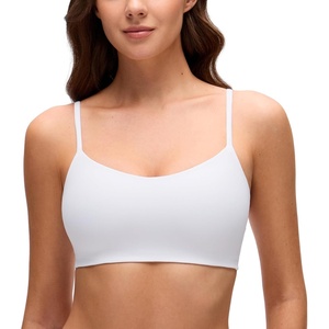 CRZ YOGA Softhold Mold V Neck Bralette for Women – Adjustable Spaghetti Lounge T-Shirt Everyday Bra No Underwire Comfort Cami(Snow White)