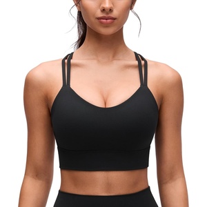CRZ YOGA Softness Mold Butterluxe Strappy Longline Sports Bras for Women – Double Spaghetti Strap Workout Yoga Crop Top(Black)