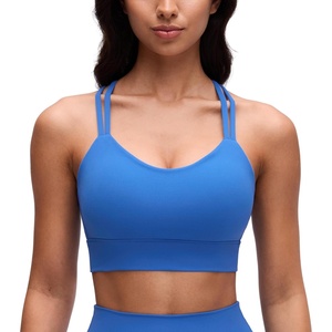 CRZ YOGA Softness Mold Butterluxe Strappy Longline Sports Bras for Women – Double Spaghetti Strap Workout Yoga Crop Top(Sparkle Blue)