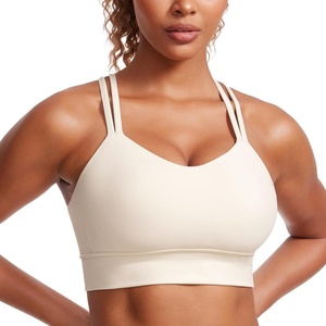 CRZ YOGA Softness Mold Butterluxe Strappy Longline Sports Bras for Women – Double Spaghetti Strap Workout Yoga Crop Top(White Apricot)