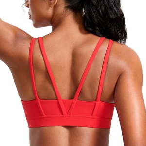 CRZ YOGA Softness Mold Butterluxe V Neck Sports Bras for Women – Workout Top Double Spaghetti Straps Wireless Yoga Clothes(Deep Red)
