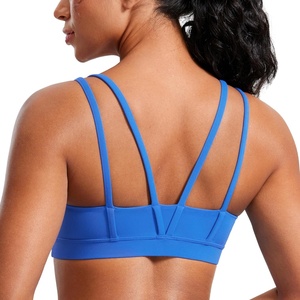 CRZ YOGA Softness Mold Butterluxe V Neck Sports Bras for Women – Workout Top Double Spaghetti Straps Wireless Yoga Clothes(Sparkle Blue)
