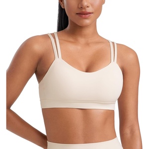 CRZ YOGA Softness Mold Butterluxe V Neck Sports Bras for Women – Workout Top Double Spaghetti Straps Wireless Yoga Clothes(White Apricot)