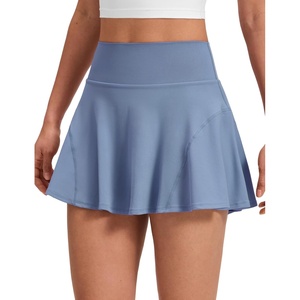 CRZ YOGA Softretch Flowy Pleated Tennis Skirts for Women – High Rise Mini Golf Casual Skort with Inner Shorts Side Pockets(Washed Denim)