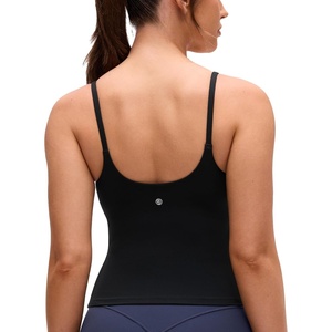 CRZ YOGA Softretch U Back Camisole Tank Tops for Women – Scoop Neck Padded Spaghetti Straps Soft Yoga Crop Top(Black)