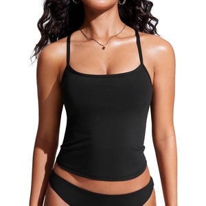 CRZ YOGA Spaghetti Straps Tankini Tops for Women – Padded Racerback Scoop Neck Bathing Suit Crop Swim Tank(Black)