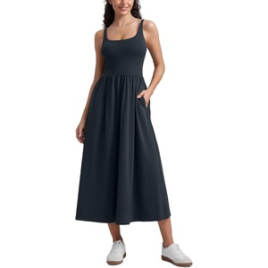 CRZ YOGA Square Neck Maxi Dress for Women – Flowy Sleeveless Padded Travel Casual Outfits with Side Pockets(True Navy)
