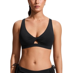 CRZ YOGA Twist Front Cut Out Bikini Tops for Women – Padded V Neck Spaghetti Strap Criss Cross Swim Bathing Suit Bra(Black)