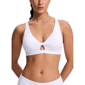 CRZ YOGA Twist Front Cut Out Bikini Tops for Women – Padded V Neck Spaghetti Strap Criss Cross Swim Bathing Suit Bra(White)