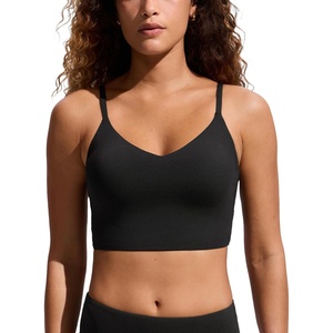 CRZ YOGA V Shaped Longline Bikini Tops for Women – Padded Cropped Adjustable Spaghetti Straps Swimsuit Athletic Bathing Suit(Black)