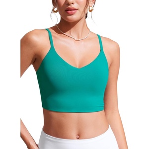 CRZ YOGA V Shaped Longline Bikini Tops for Women – Padded Cropped Adjustable Spaghetti Straps Swimsuit Athletic Bathing Suit(Blarney Green)