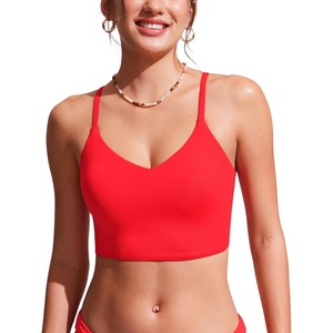 CRZ YOGA V Shaped Longline Bikini Tops for Women – Padded Cropped Adjustable Spaghetti Straps Swimsuit Athletic Bathing Suit(Deep Red)