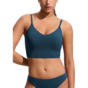 CRZ YOGA V Shaped Longline Bikini Tops for Women – Padded Cropped Adjustable Spaghetti Straps Swimsuit Athletic Bathing Suit(Insignia Blue)