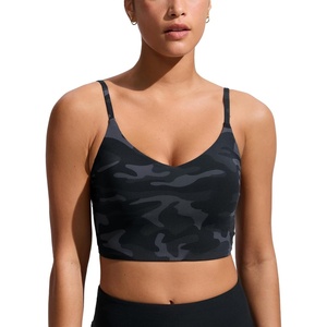 CRZ YOGA V Shaped Longline Bikini Tops for Women – Padded Cropped Adjustable Spaghetti Straps Swimsuit Athletic Bathing Suit(Jungle Camouflage Gray)