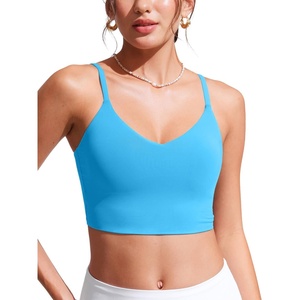 CRZ YOGA V Shaped Longline Bikini Tops for Women – Padded Cropped Adjustable Spaghetti Straps Swimsuit Athletic Bathing Suit(Kayak Blue)