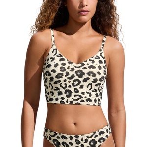 CRZ YOGA V Shaped Longline Bikini Tops for Women – Padded Cropped Adjustable Spaghetti Straps Swimsuit Athletic Bathing Suit(Primulin Leopard Print)