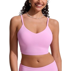 CRZ YOGA V Shaped Longline Bikini Tops for Women – Padded Cropped Adjustable Spaghetti Straps Swimsuit Athletic Bathing Suit(Vita Pink)