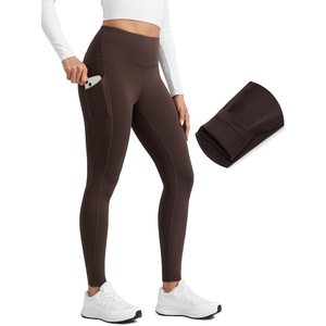 CRZ YOGA Water-Resistant Fleece Athletic Leggings Pockets 28″ – Matte Thermal Hiking Casual Workout Womens Pants(Hot Fudge Brown)
