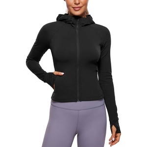 CRZ YOGA Womens Butterluxe Full Zip Workout Hoodie Jackets Slim Fit Hooded Athletic Yoga Lightweight Jacket with Thumb Holes(Black)