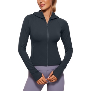 CRZ YOGA Womens Butterluxe Full Zip Workout Hoodie Jackets Slim Fit Hooded Athletic Yoga Lightweight Jacket with Thumb Holes(True Navy)