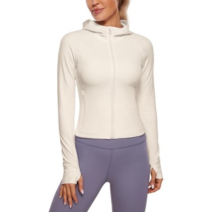 CRZ YOGA Womens Butterluxe Full Zip Workout Hoodie Jackets Slim Fit Hooded Athletic Yoga Lightweight Jacket with Thumb Holes(White Apricot)