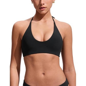 CRZ YOGA Womens Self Tie Halter Bikini Tops – Swim Bathing Suit Scoop Neck Backless Swimsuit Padded(Black)
