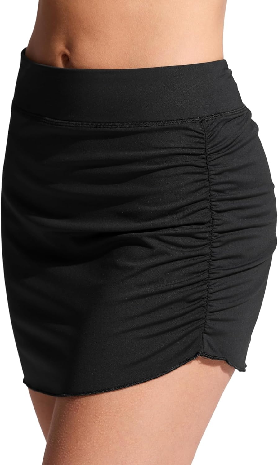 image:imageCRZ YOGA Asymmetric Side Ruching Swim Skirt for Women High Waisted Full Coverage Bathing Suit Swimsuit with Inner BriefsBlack