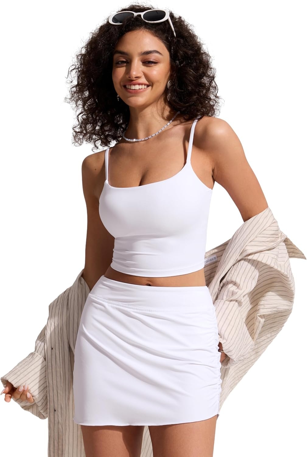 image:imageCRZ YOGA Asymmetric Side Ruching Swim Skirt for Women High Waisted Full Coverage Bathing Suit Swimsuit with Inner BriefsWhite