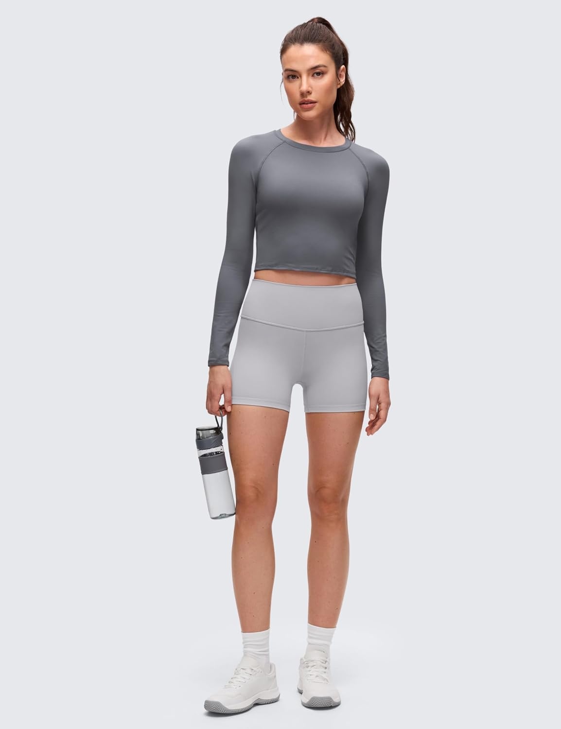 image:imageCRZ YOGA Brushed Workout Long Sleeve Shirts for Women Warm Athletic Running Gym Yoga Tops Breathable Crop Crewneck TeesAsh Grey