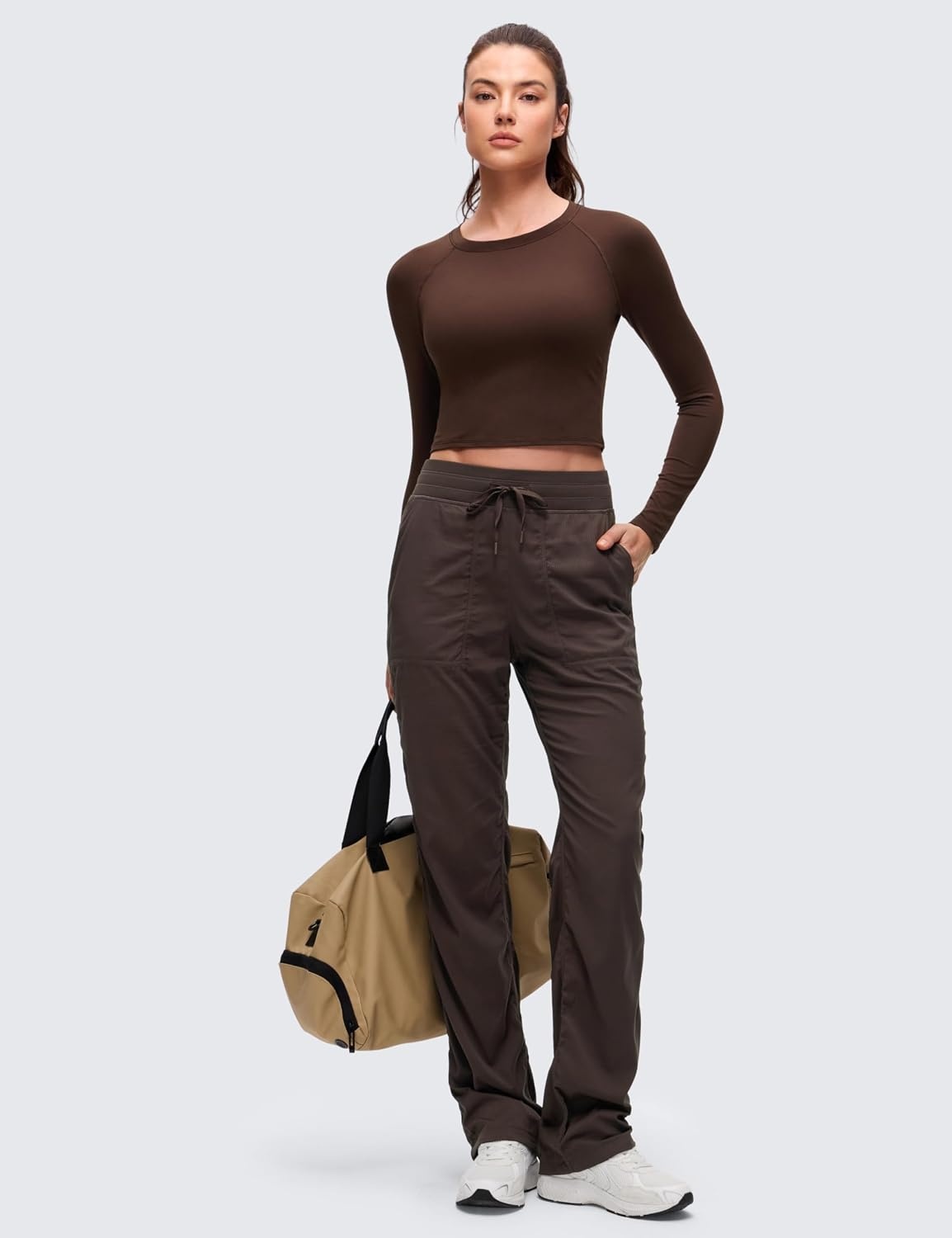 image:imageCRZ YOGA Brushed Workout Long Sleeve Shirts for Women Warm Athletic Running Gym Yoga Tops Breathable Crop Crewneck TeesLava Brown