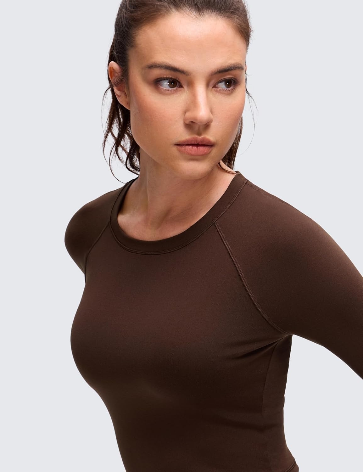image:imageCRZ YOGA Brushed Workout Long Sleeve Shirts for Women Warm Athletic Running Gym Yoga Tops Breathable Crop Crewneck TeesLava Brown