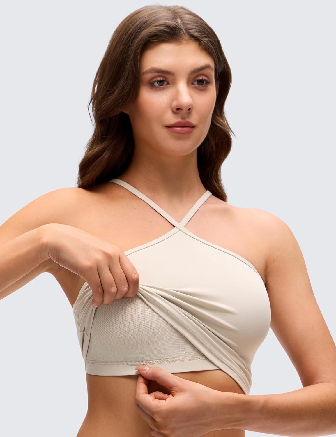 image:imageCRZ YOGA Butterluxe Cross Neck Crop Tank Tops for Women Spaghetti Straps Square Back Padded Yoga Sports BrasMojave Tan