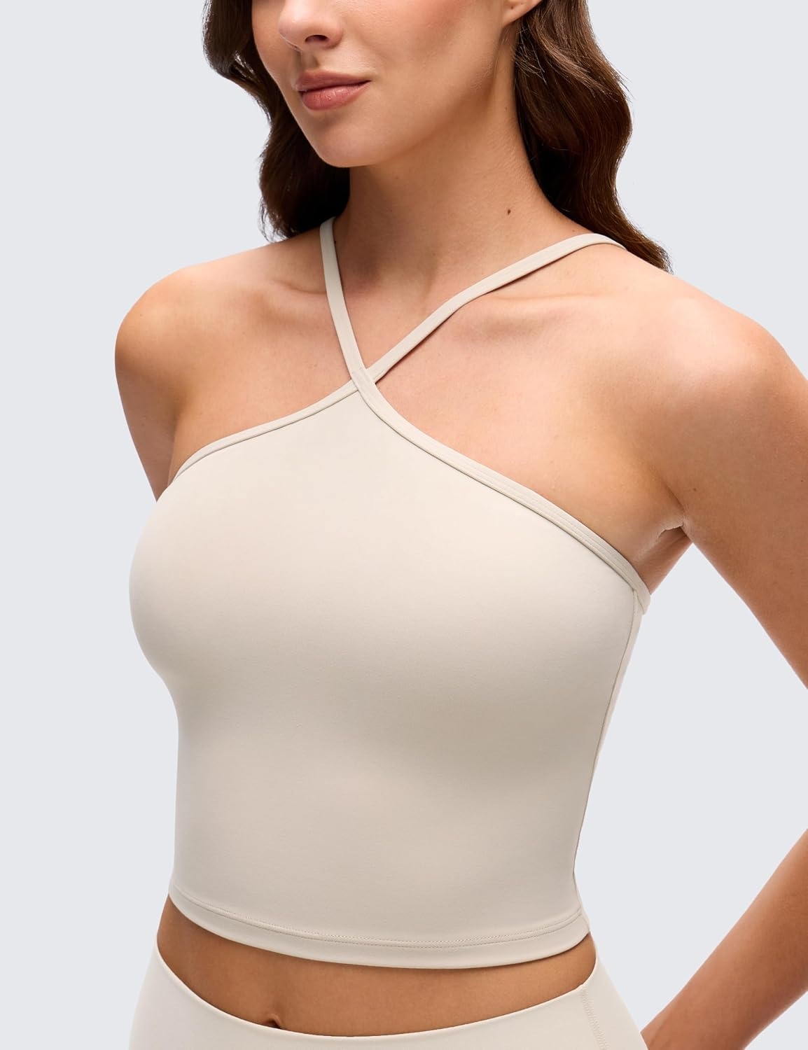 image:imageCRZ YOGA Butterluxe Cross Neck Crop Tank Tops for Women Spaghetti Straps Square Back Padded Yoga Sports BrasMojave Tan
