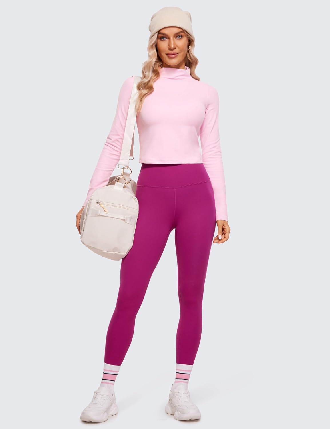 image:imageCRZ YOGA Butterluxe Mock Neck Long Sleeve Shirts for Women Workout Casual Tops Turtleneck Crop Slim Fall Base LayerPink Peony