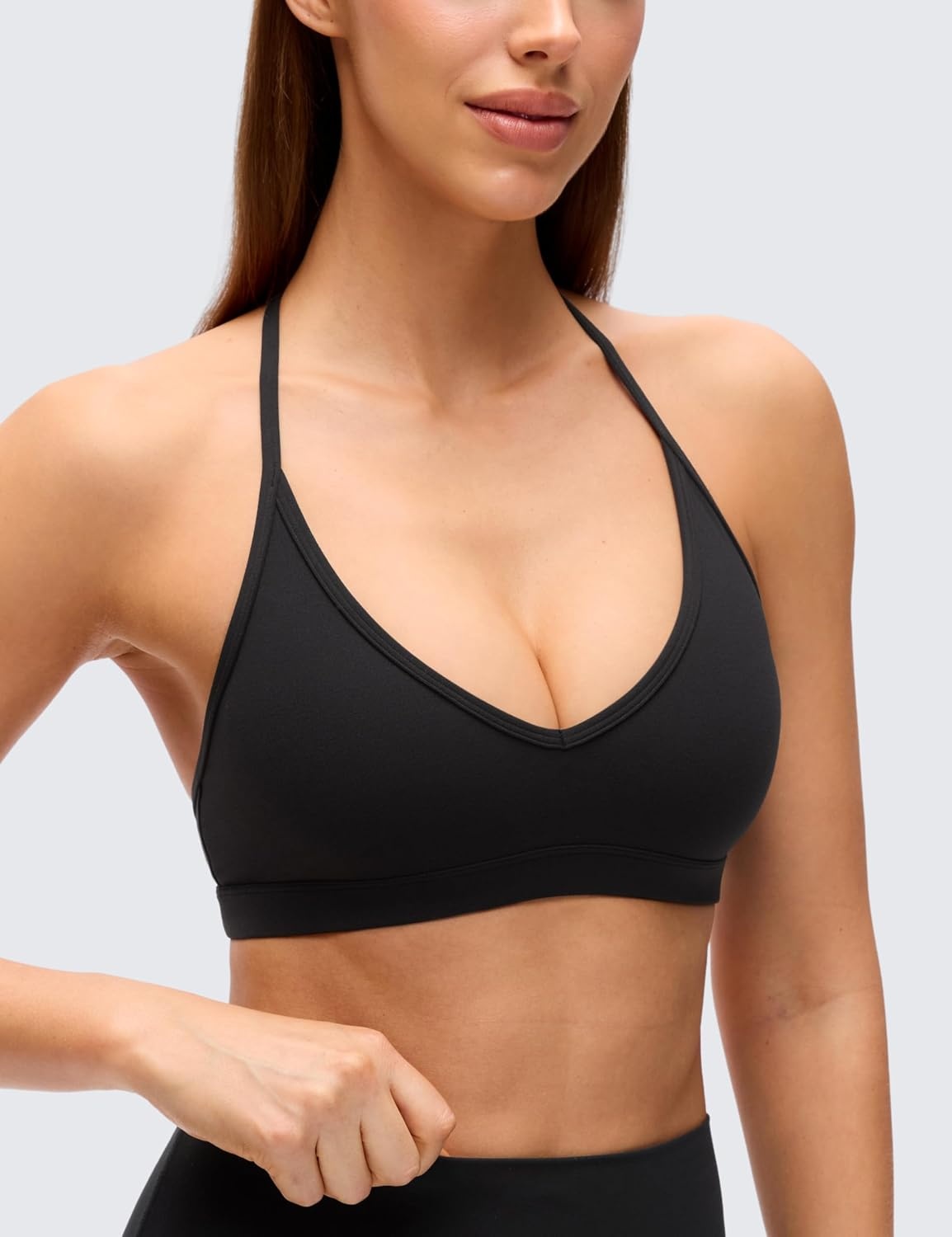 image:imageCRZ YOGA Butterluxe Soft Double Lined TBack Sports Bras for Women V Neck Adjustable Strap Yoga Crop Top Casual Non PaddedBlack
