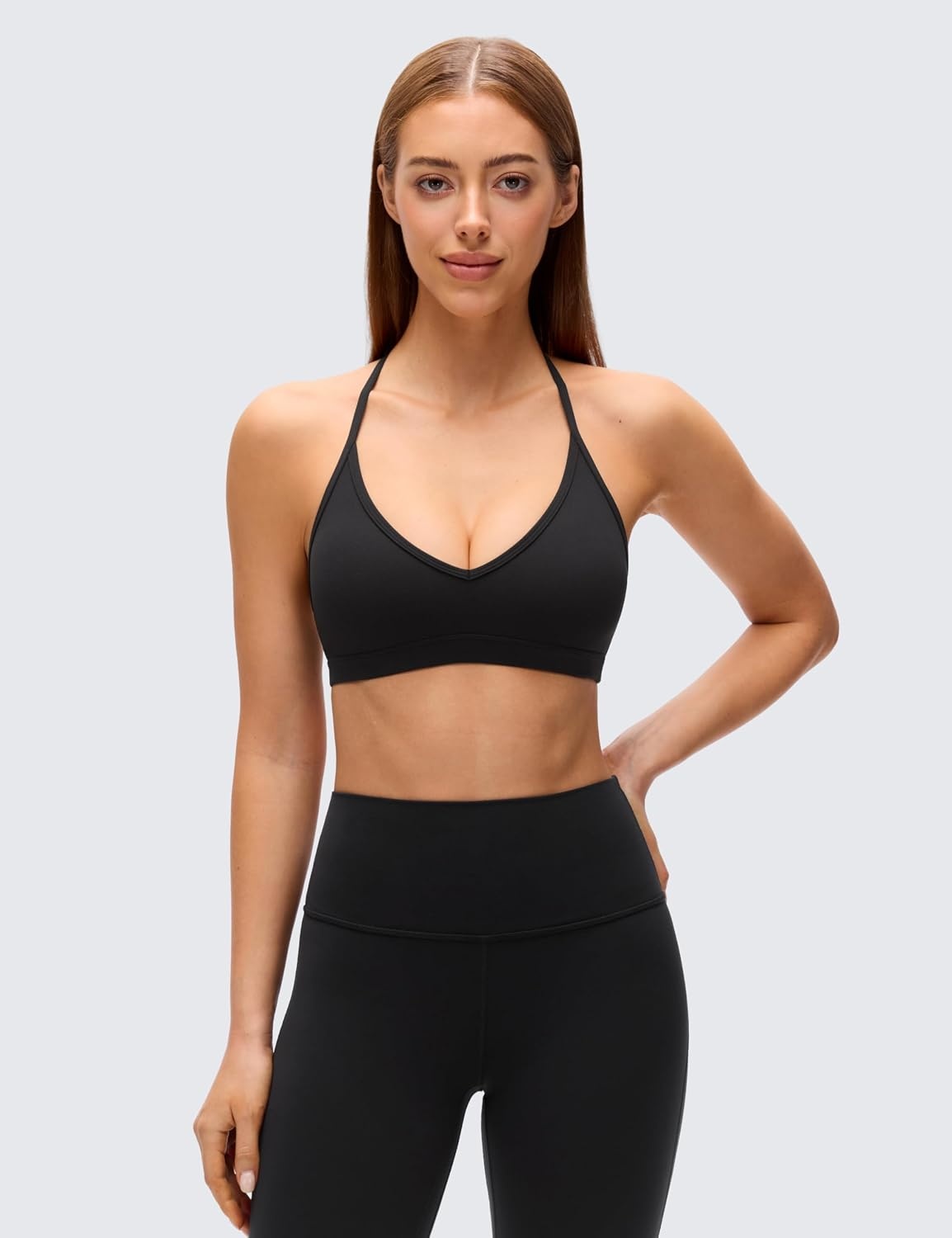 image:imageCRZ YOGA Butterluxe Soft Double Lined TBack Sports Bras for Women V Neck Adjustable Strap Yoga Crop Top Casual Non PaddedBlack