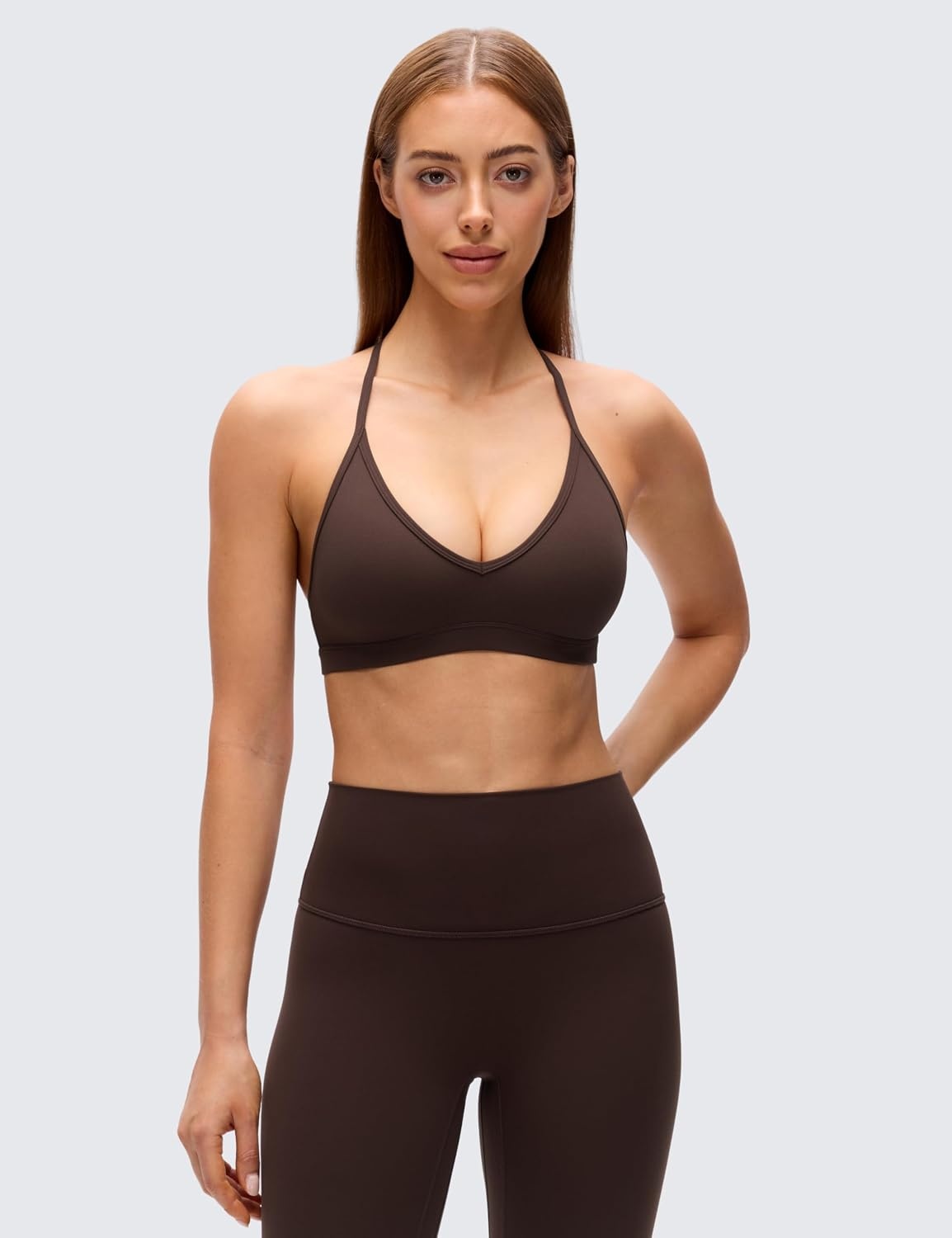 image:imageCRZ YOGA Butterluxe Soft Double Lined TBack Sports Bras for Women V Neck Adjustable Strap Yoga Crop Top Casual Non PaddedHot Fudge Brown