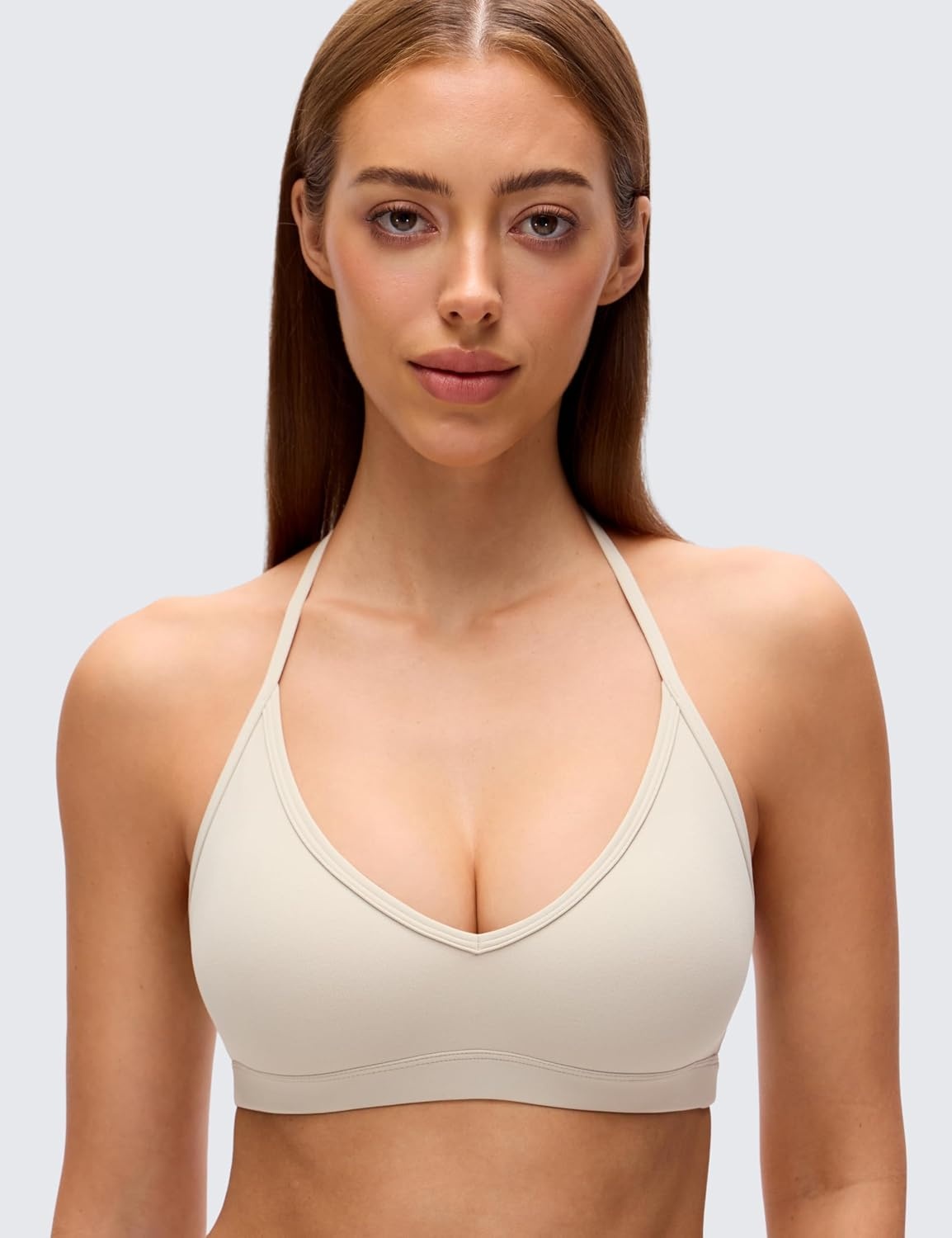 image:imageCRZ YOGA Butterluxe Soft Double Lined TBack Sports Bras for Women V Neck Adjustable Strap Yoga Crop Top Casual Non PaddedMojave Tan