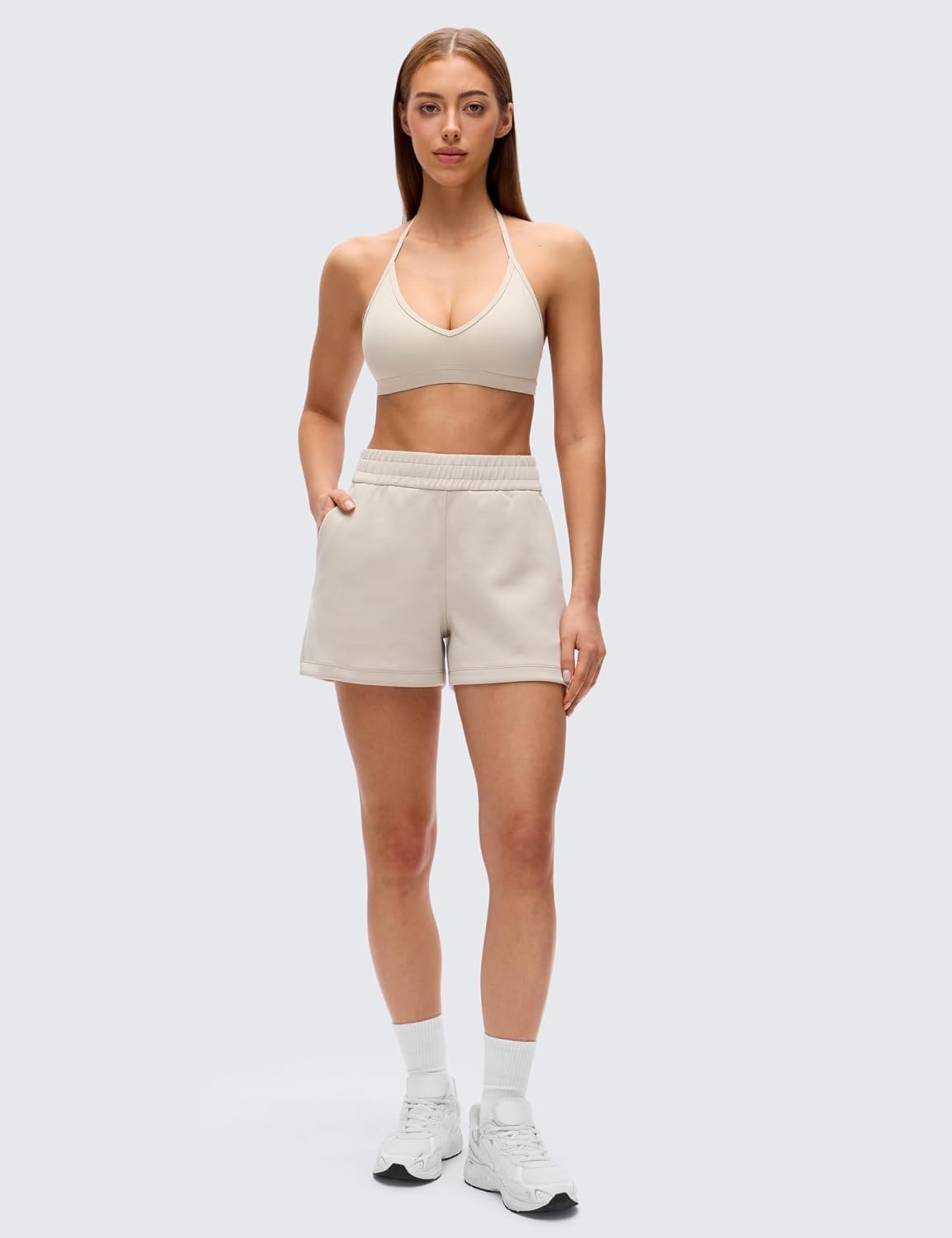 image:imageCRZ YOGA Butterluxe Soft Double Lined TBack Sports Bras for Women V Neck Adjustable Strap Yoga Crop Top Casual Non PaddedMojave Tan