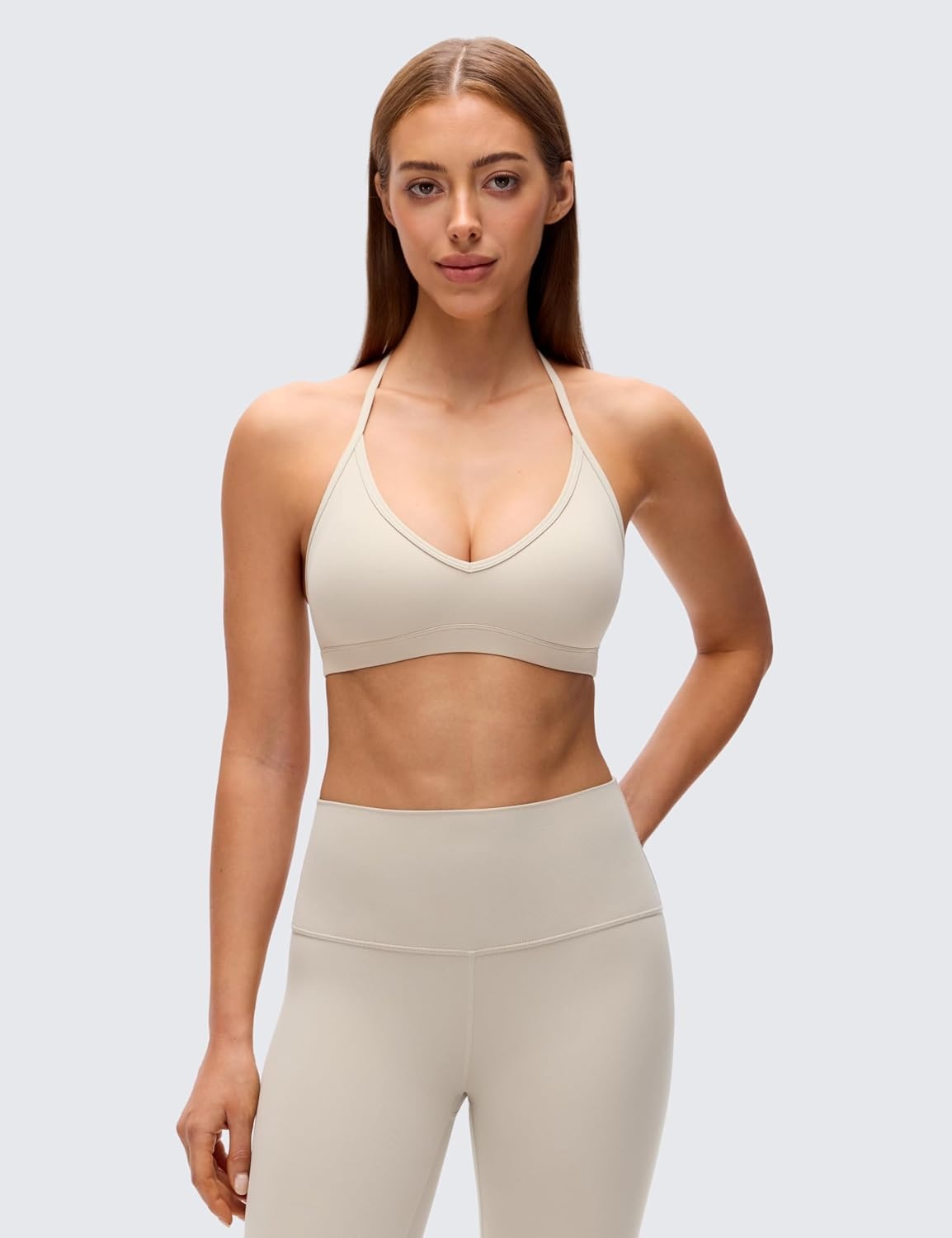 image:imageCRZ YOGA Butterluxe Soft Double Lined TBack Sports Bras for Women V Neck Adjustable Strap Yoga Crop Top Casual Non PaddedMojave Tan