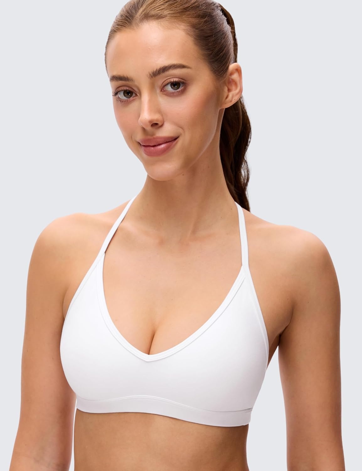 image:imageCRZ YOGA Butterluxe Soft Double Lined TBack Sports Bras for Women V Neck Adjustable Strap Yoga Crop Top Casual Non PaddedWhite