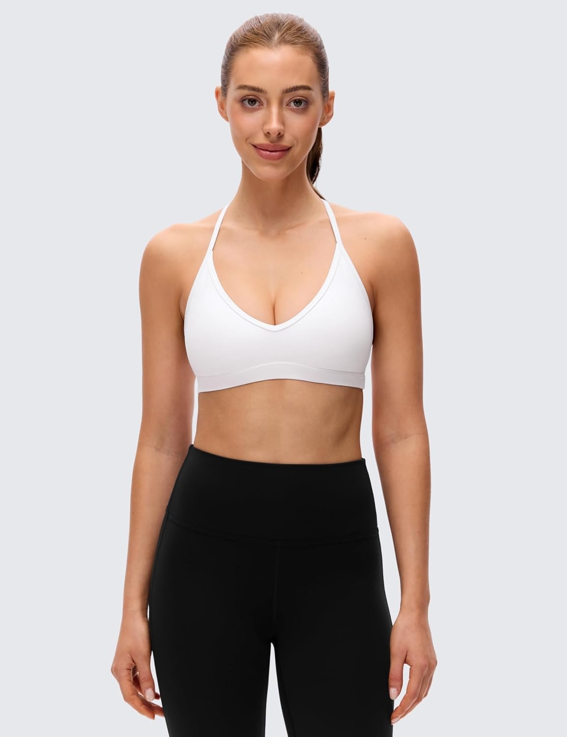 image:imageCRZ YOGA Butterluxe Soft Double Lined TBack Sports Bras for Women V Neck Adjustable Strap Yoga Crop Top Casual Non PaddedWhite